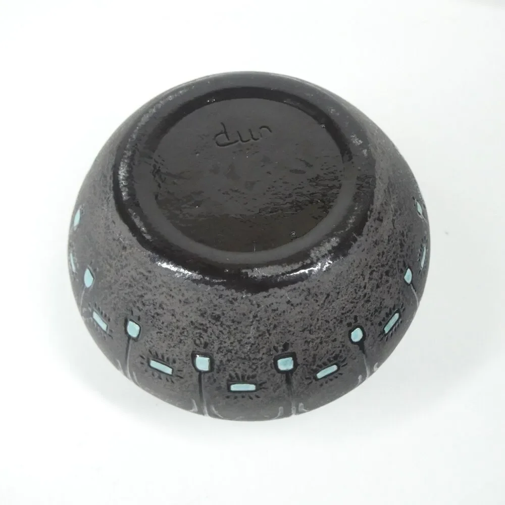 Black Ceramic Bowl Pot w/Blue Squares Geometric Signed Vtg MCM Blackware Native?